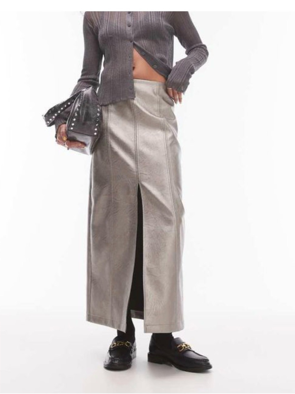 Topshop metallic faux leather spilt front maxi skirt Size 8